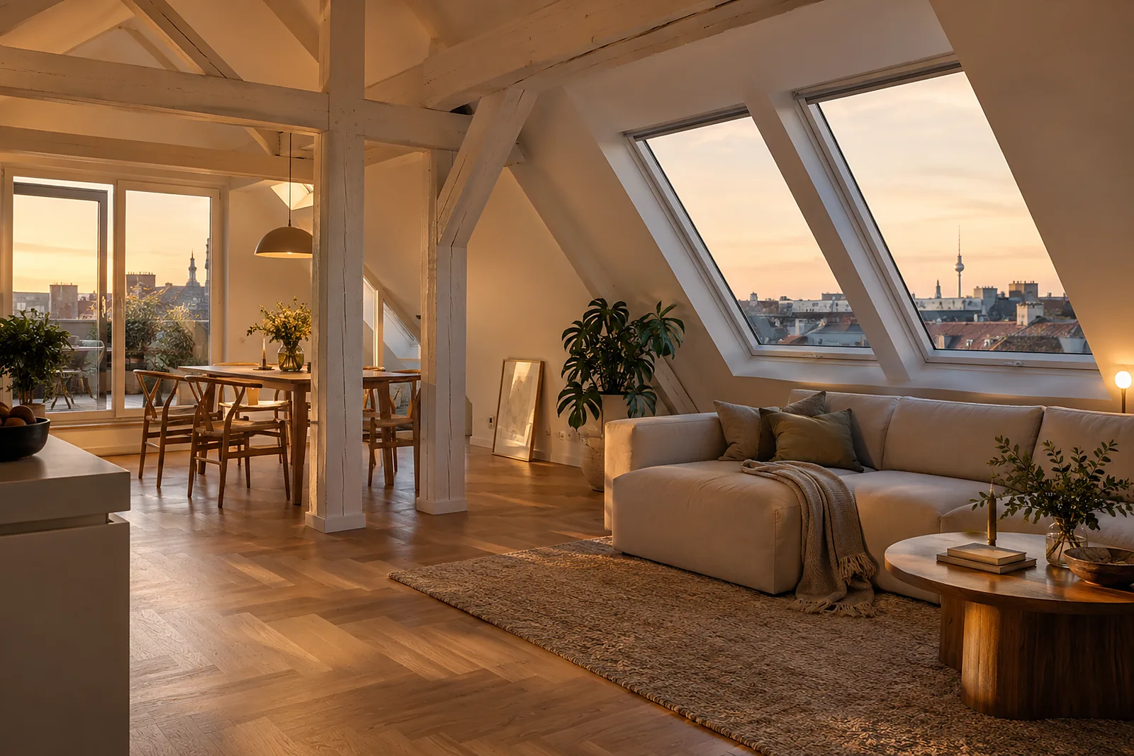Dachgeschossausbau Berlin: ausgebautes Altbau-Dachgeschoss mit Dachfenstern und Blick über die Dächer