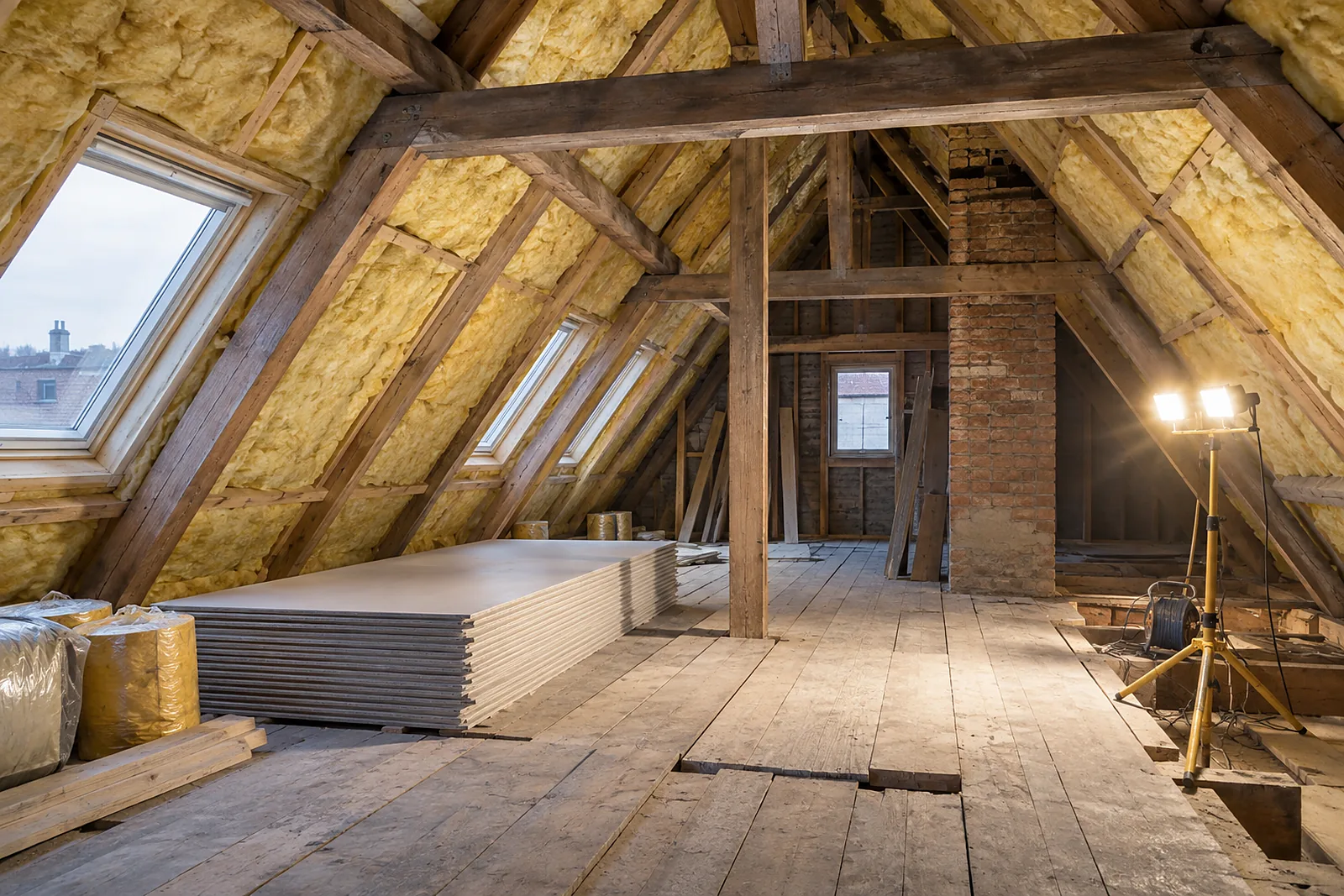 Dachgeschoss im Rohbau mit gedämmten Sparren und bereitliegenden Gipskartonplatten