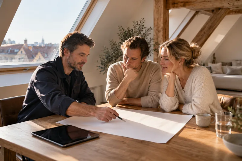 Beratung zum Dachausbau am Tisch unter der Dachschräge mit Grundrissbogen und Tablet