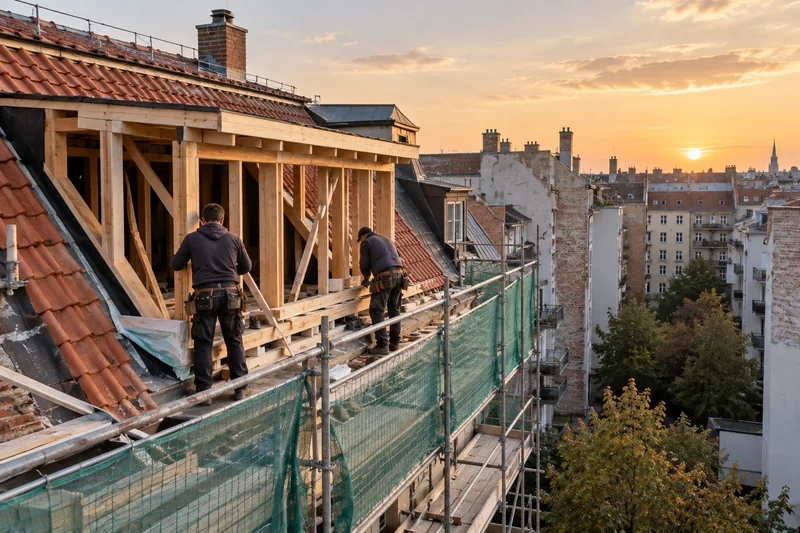 Gaube Kosten: Zimmerer bauen eine Schleppgaube auf einem Berliner Mansarddach