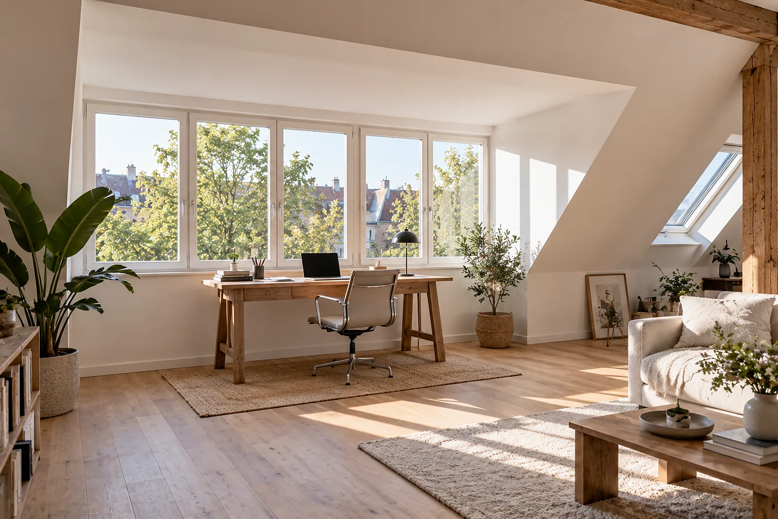 Arbeitsplatz im Fenster einer breiten Gaube im ausgebauten Dachgeschoss