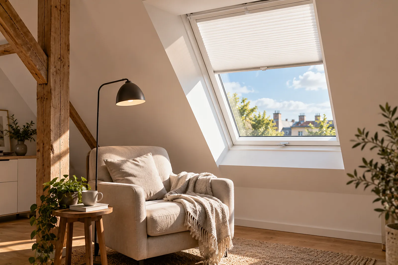 Dachfenster Kosten: fertiges Dachflächenfenster mit weißem Innenfutter und Plissee über einem Lesesessel