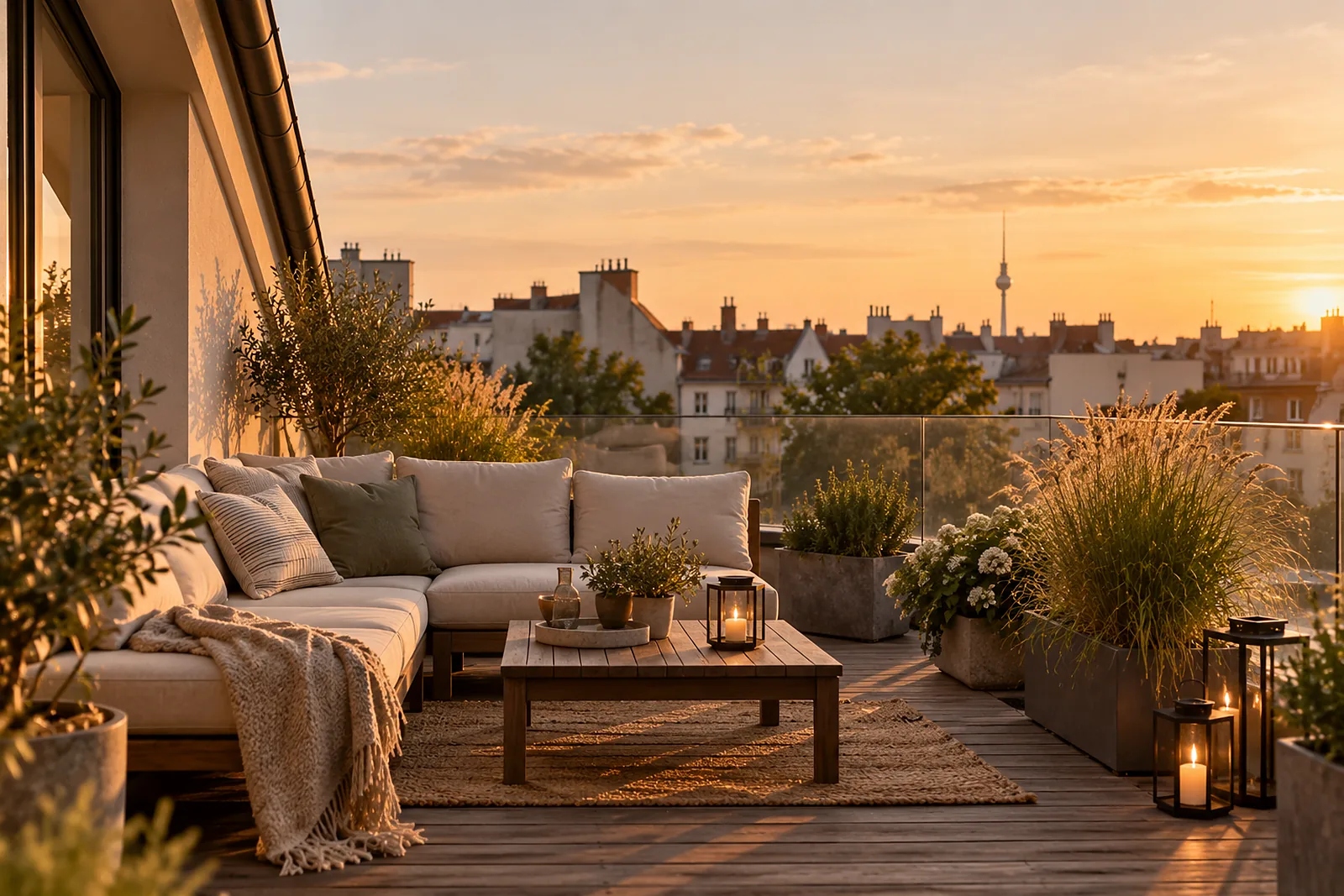 Dachterrasse in Berlin: Dachterrasse mit Holzdielen und Glasbrüstung über den Berliner Hinterhöfen