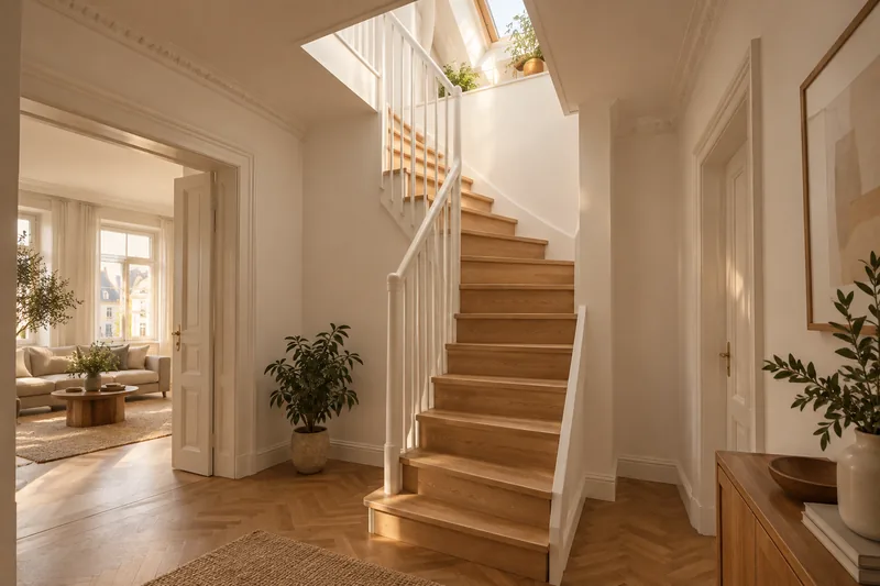 Treppe ins Dachgeschoss: halbgewendelte Treppe aus Eiche durch die Deckenöffnung ins Dachgeschoss