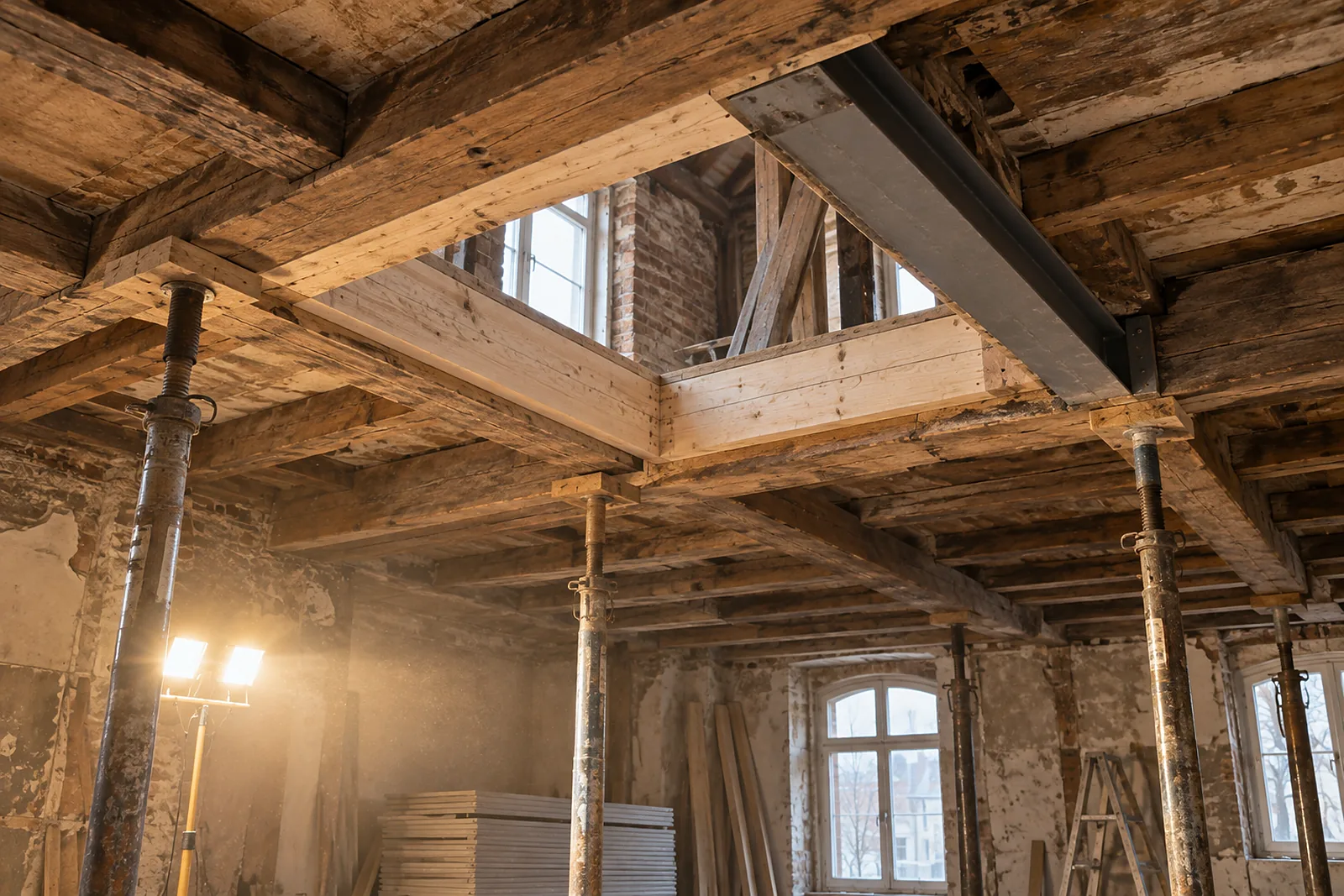 Deckenöffnung in einer Holzbalkendecke mit Wechselbalken und Stahlträger