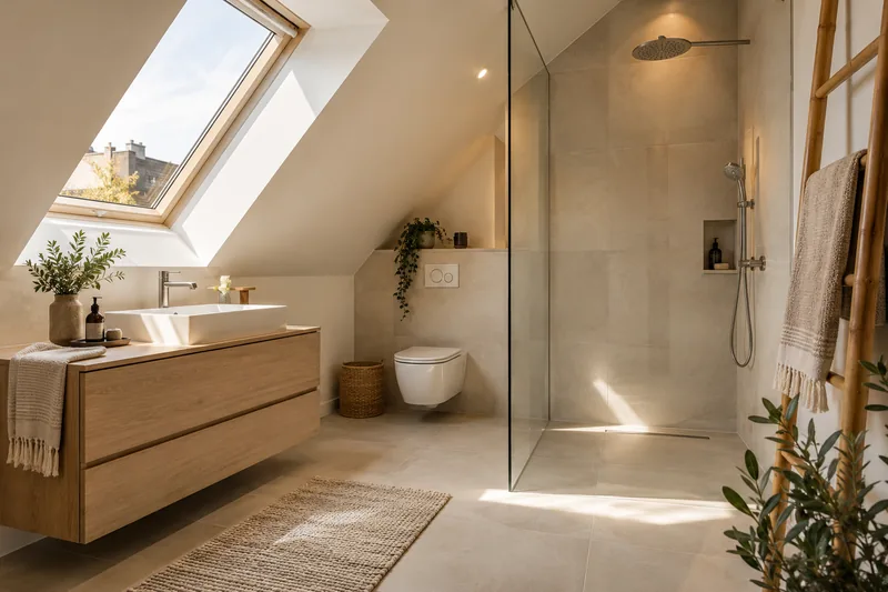 Bad im Dachgeschoss: neues Bad unter der Dachschräge mit bodengleicher Dusche und Dachfenster