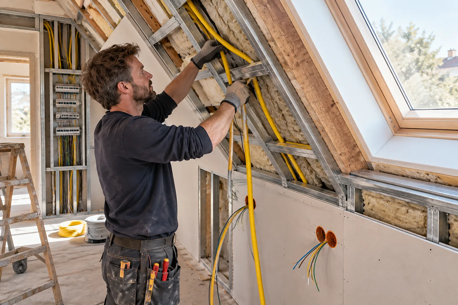 Elektroinstallation im Dachgeschoss: Elektroleitungen in der Unterkonstruktion einer Dachschräge