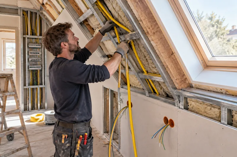 Elektroinstallation im Dachgeschoss: Elektroleitungen in der Unterkonstruktion einer Dachschräge