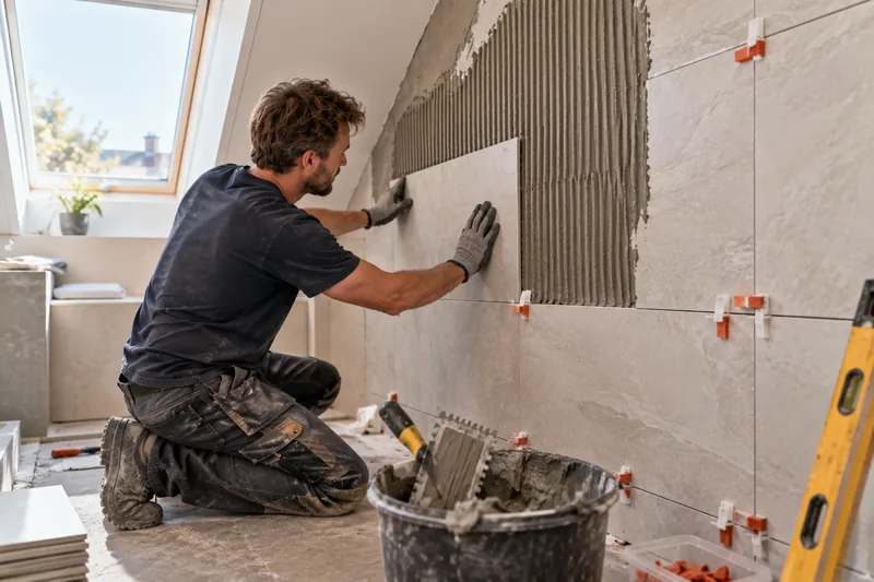 Fliesenarbeiten im Dachgeschoss: großformatige Wandfliesen im Bad unter der Schräge