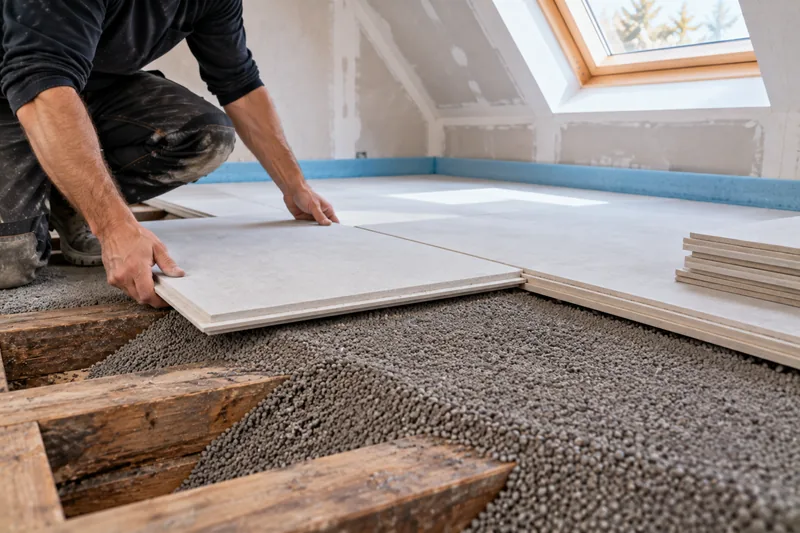 Bodenbeläge im Dachgeschoss: Trockenestrich auf Ausgleichsschüttung über einer alten Holzbalkendecke