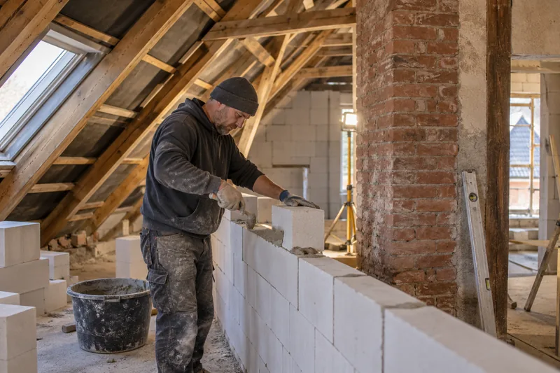 Maurerarbeiten im Dachgeschoss: Kalksandsteinwand neben einem alten Ziegelschornstein im Dachgeschoss