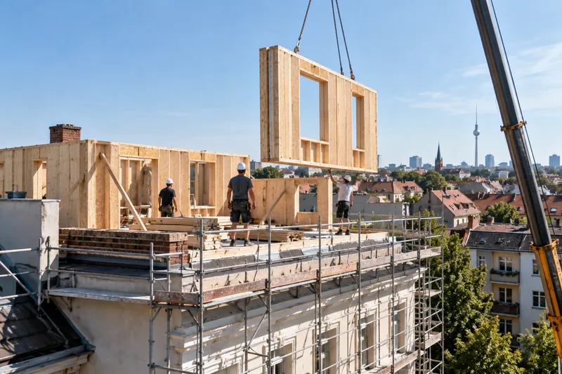 Aufstockung in Berlin: Holzbauelemente werden per Kran auf einen Berliner Altbau gesetzt