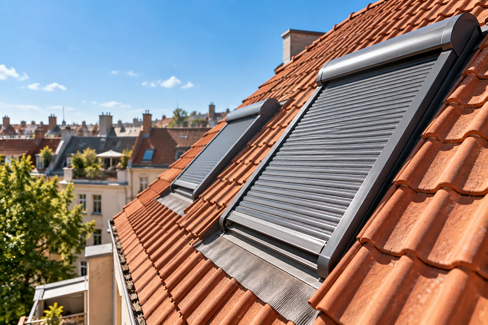 Dachflächenfenster mit außenliegendem Rollladen im Sommer
