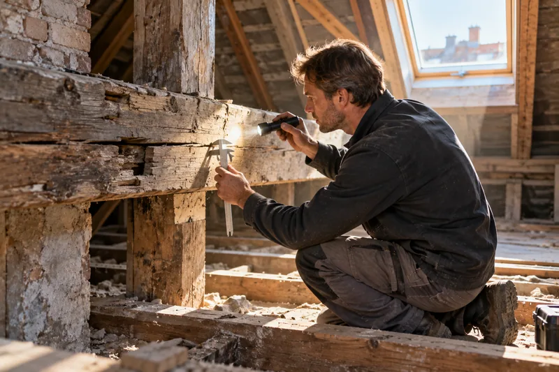 Tragwerksplaner prüft freigelegte Holzbalken einer Geschossdecke auf einem Berliner Dachboden