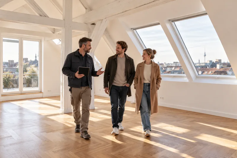 Übergabe eines fertig ausgebauten Dachgeschosses in Berlin mit Bauleiter und Eigentümern