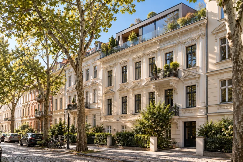 Wert eines Dachausbaus: Gründerzeitzeile mit zurückgesetztem Dachgeschossausbau und Dachterrasse