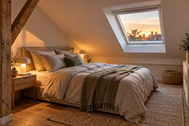 Niedrigen Dachboden ausbauen: Schlafzimmer mit niedrigem Kniestock unter der Schräge