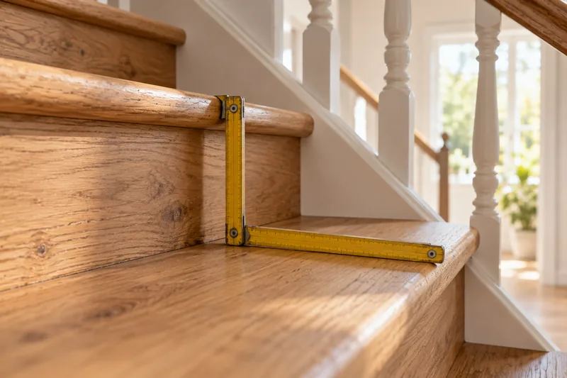 Treppe Kosten: Zollstock auf einer Holztreppe zur Messung von Auftritt und Steigung