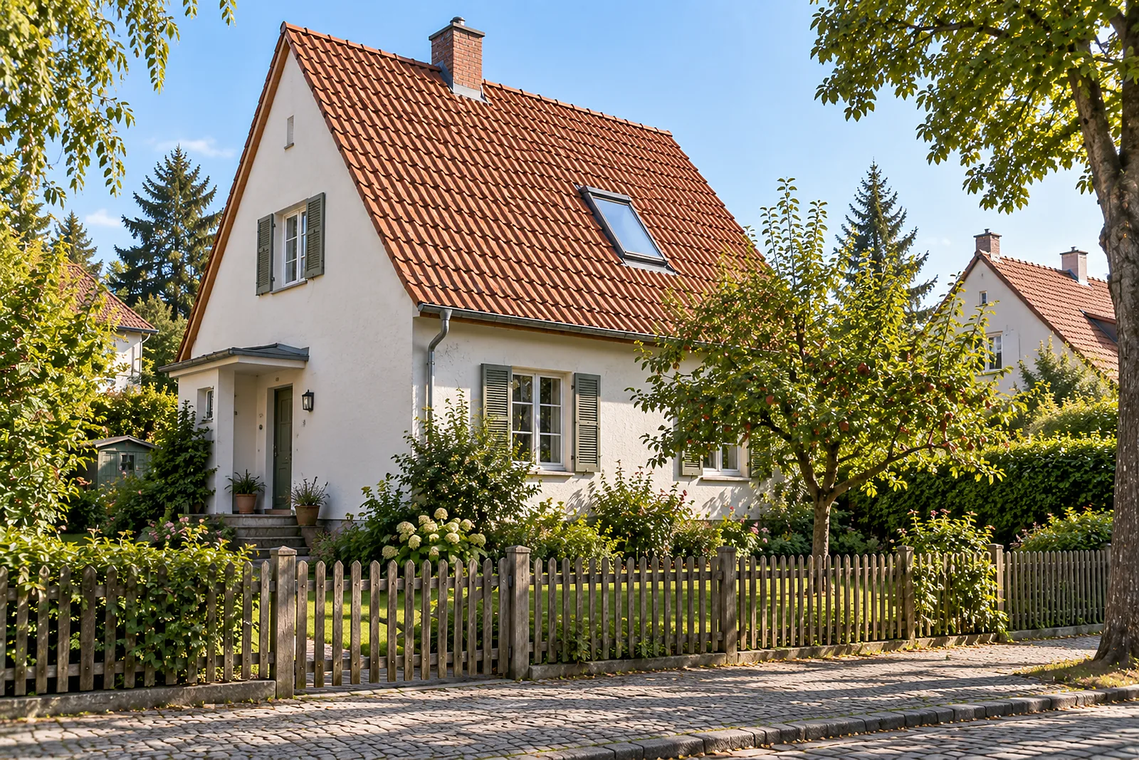 Dachgeschossausbau in Kleinmachnow: Siedlungshaus der 1930er-Jahre mit steilem Dach und neuem Dachfenster