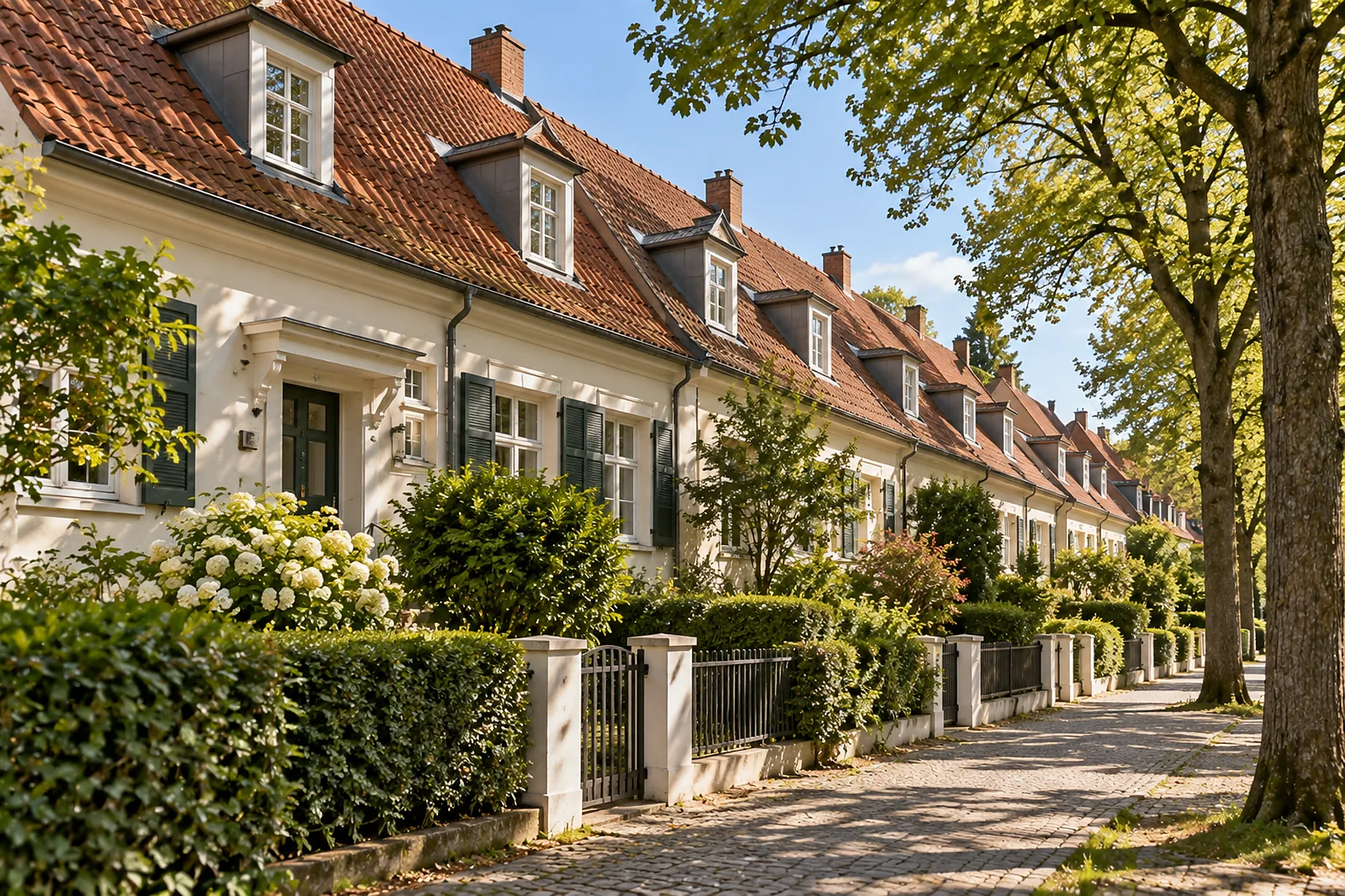 Dachgeschossausbau in Berlin-Tempelhof: Reihenhäuser einer Gartenstadt mit steilen Dächern und Gauben
